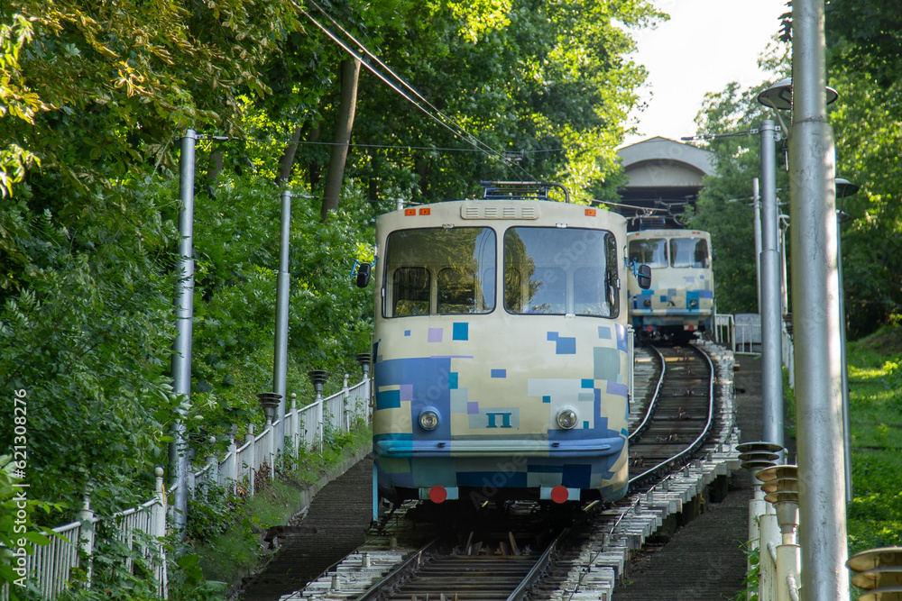 Naklejka premium Public transport funicular. Kyiv, Ukraine. Ukrainian electric tram in Kiev