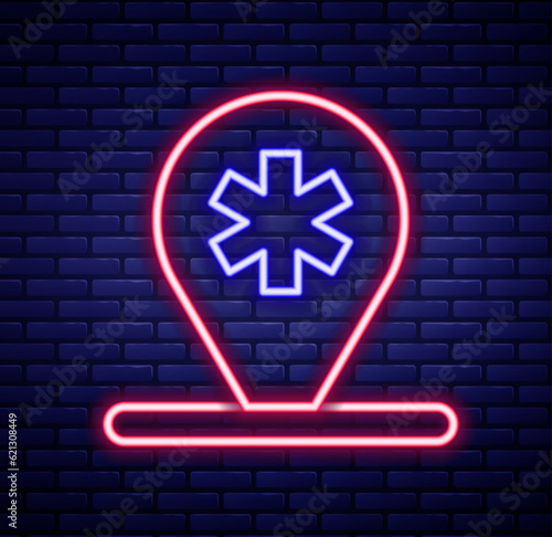 Glowing neon line Medical map pointer with cross hospital icon isolated on brick wall background. Colorful outline concept. Vector