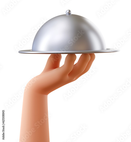 3D human hand holding metal silver dish with a dome lid on white backdrop. Restaurant serving plate. Utensil template. Exquisite presentation of gourmet meal. 3D rendered illustration