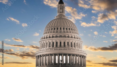 Panoramic image of the dome of the Capitol building of the United States with a bright neutral background.