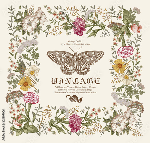 Wedding invitation. Beautiful blooming flowers. Vintage card. Frame. Drawing engraving isolated Rosehip Carnation butterfly wildflowers floral. Wallpaper baroque. Vector victorian Illustration