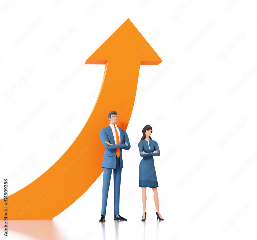 Business people stay next to big arrow which pointing up. 3D rendering illustration Business people stay next to big arrow which pointing up. 3D rendering illustration