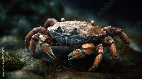 Crab closeup on the beach rocks. A large paddle crab native to Chatham Island. Colorful crab. Realistic 3D illustration. Generative AI