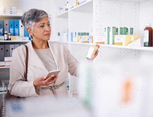 Pharmacy  shelf and a woman with medicine and a phone for information or research on pills. Shopping  mature and a person in a store for medication  reading box with mobile for analysis or knowledge