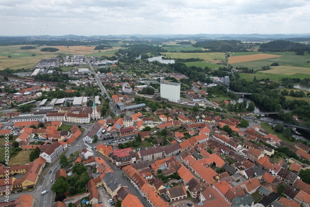 Horazdovice historical city center with old town square,Castle and church.Czech republic Europe,aerial panorama landscape view