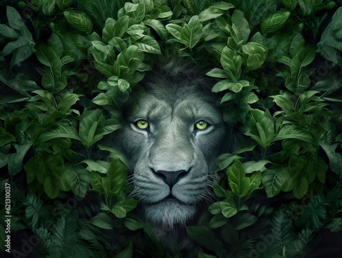 Closeup of a lion surrounded by green plants. Lion in the jungle. Beauty portrait of lion s head among blurred foliage. Realistic 3D illustration. Generative AI