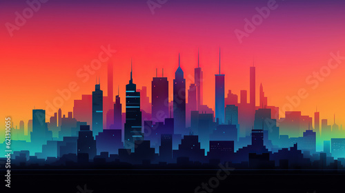 ai generated illustration Futuristic City Skyline with Pink and purple lights
