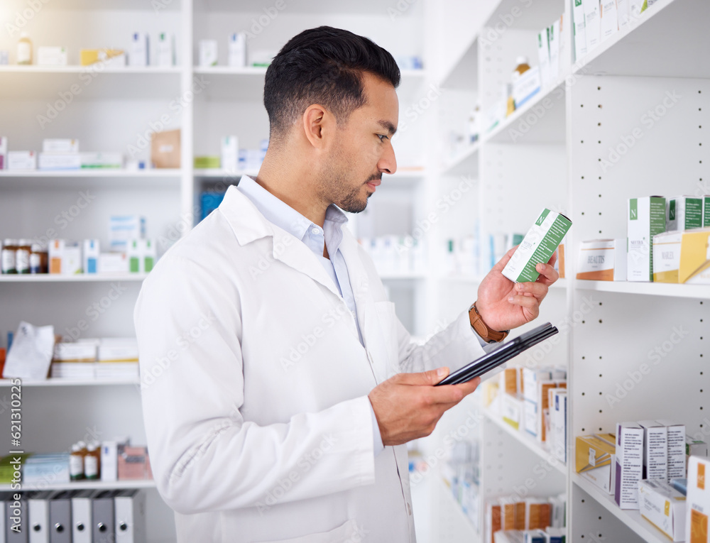 Man, pharmacist and tablet for pills, stock check and reading in pharmacy store. Technology, inventory medicine and medical doctor with pharmaceutical drugs, medication or supplements for healthcare.