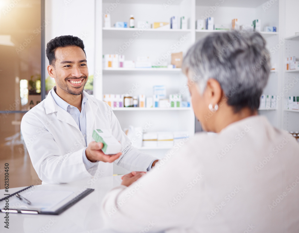 Senior woman, customer service and pharmacist with advice on medicine, drugs or shopping at a pharmacy or pharmaceutical store. Helping, medical expert in retail and conversation about healthcare