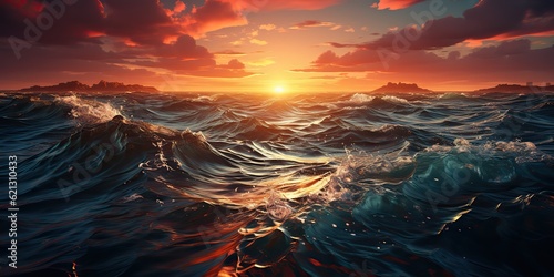 AI Generated. AI Generative. Dramatic evening sea ocean water waves. Storm adventure explore swim vibe. Graphic Art