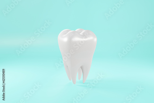 3d render of tooth on blue studio background. illustration minimal style for dental care concept.