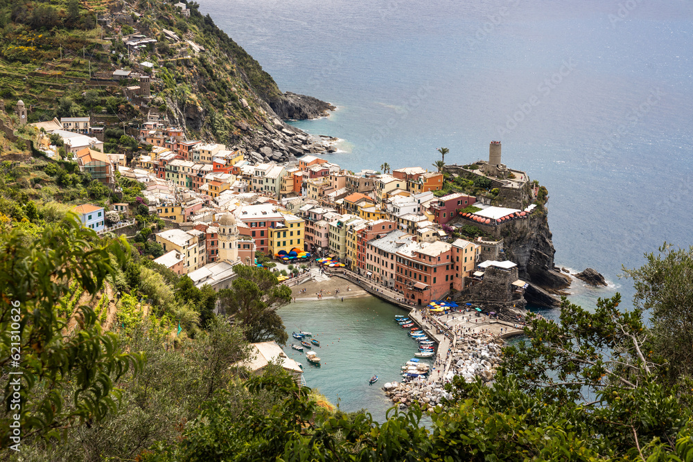 Close aerial view of Vernazza village along trekking trail from Monterroso, one of the five villages along Cinque Terre hiking trail, Italy
