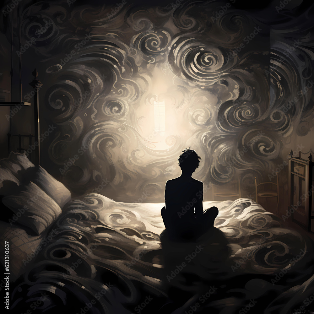 Discover the poignant portrayal of depression's burden as a person sits on a bed, enveloped by swirling shadows. A powerful image capturing the depths of the human mind. Discover the poignant portrayal of depression's burden as a person sits on a bed, enveloped by swirling shadows. A powerful image capturing the depths of the human mind.