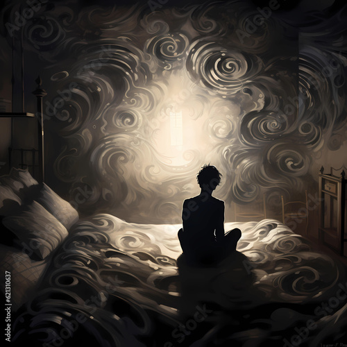 Discover the poignant portrayal of depression's burden as a person sits on a bed, enveloped by swirling shadows. A powerful image capturing the depths of the human mind.