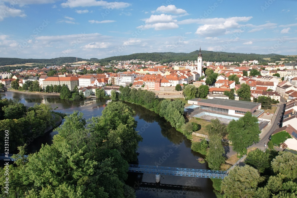 Pisek town cityscape,historical city center aerial panorama landscape view,cityscape of Písek city in Czech republic,Europe