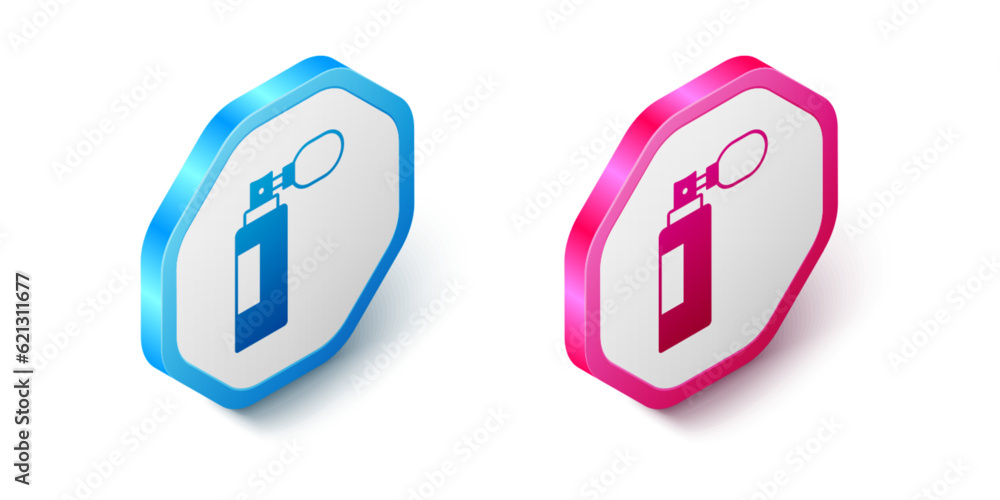 Isometric Perfume icon isolated on white background. Hexagon button. Vector Isometric Perfume icon isolated on white background. Hexagon button. Vector