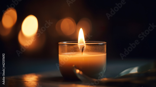 Candles burning in darkness over black. Commemoration concept. Closeup of burning candle on the black background. Realistic 3D illustration. Generative AI