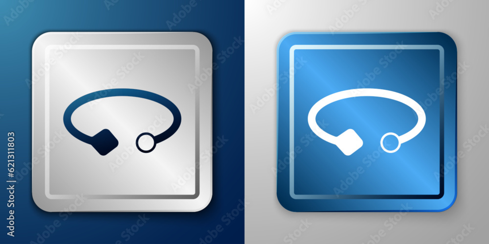 White Bracelet jewelry icon isolated on blue and grey background. Bangle sign. Silver and blue square button. Vector White Bracelet jewelry icon isolated on blue and grey background. Bangle sign. Silver and blue square button. Vector