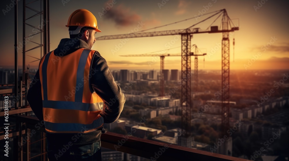 Civil engineer stands looking at the construction site at sunset, Building cranes at backdrop. Civil engineer stands looking at the construction site at sunset, Building cranes at backdrop.