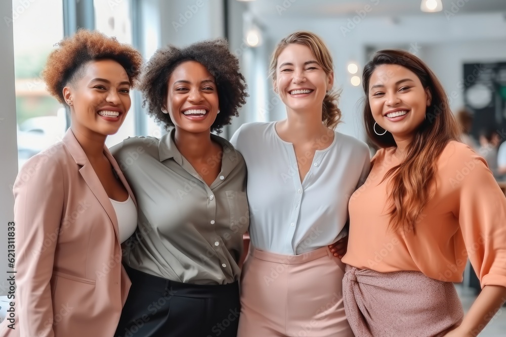 Fototapeta premium Happy multiethnic team of young women standing at office, Diverse female coworkers celebrating business success, teamwork result.