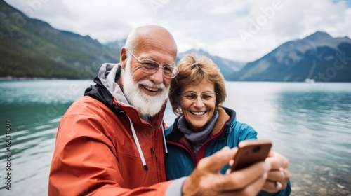 Happy Senior Travelers In New Zealand, Senior couple using smartphone taking selfies, Travel Vacation Retirement Lifestyle Concept.