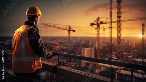 Civil engineer stands looking at the construction site at sunset, Building cranes at backdrop. © visoot