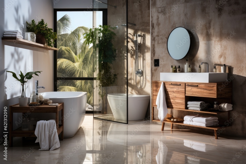 Industrial loft style bathroom with polished concrete, Furnished with white bathtub, Decorating with decorative patterns of concrete. Industrial loft style bathroom with polished concrete, Furnished with white bathtub, Decorating with decorative patterns of concrete.