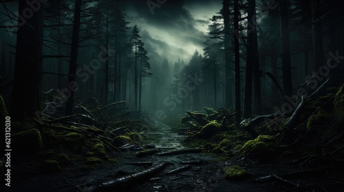 Dark forest scary forest with a mysterious light. © visoot