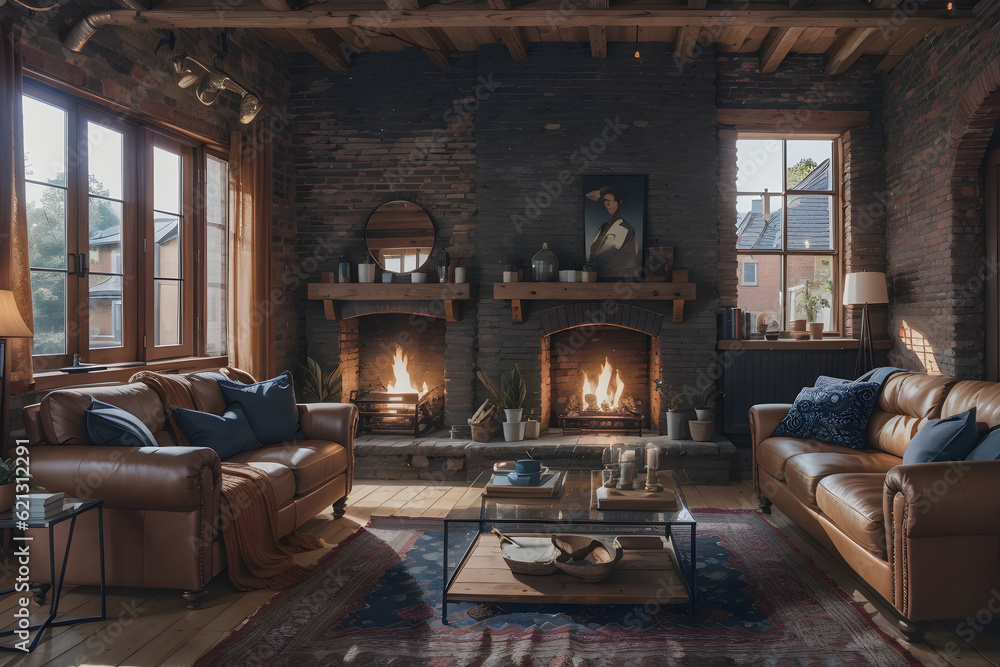 Interior with fireplace candles skin with a sofa Generative AI