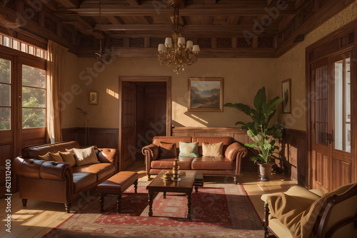 luxury hotel old room vintage interior with leather sofa wood table. Generative AI © CG_Lokesh_Stock