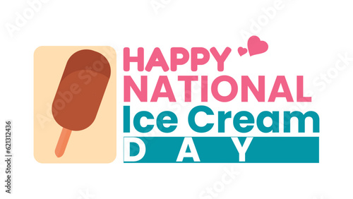 Typography Text National Ice Cream Day Blue Pink Brown with Chocolate Popsicle Love Left Side Icon on White Background