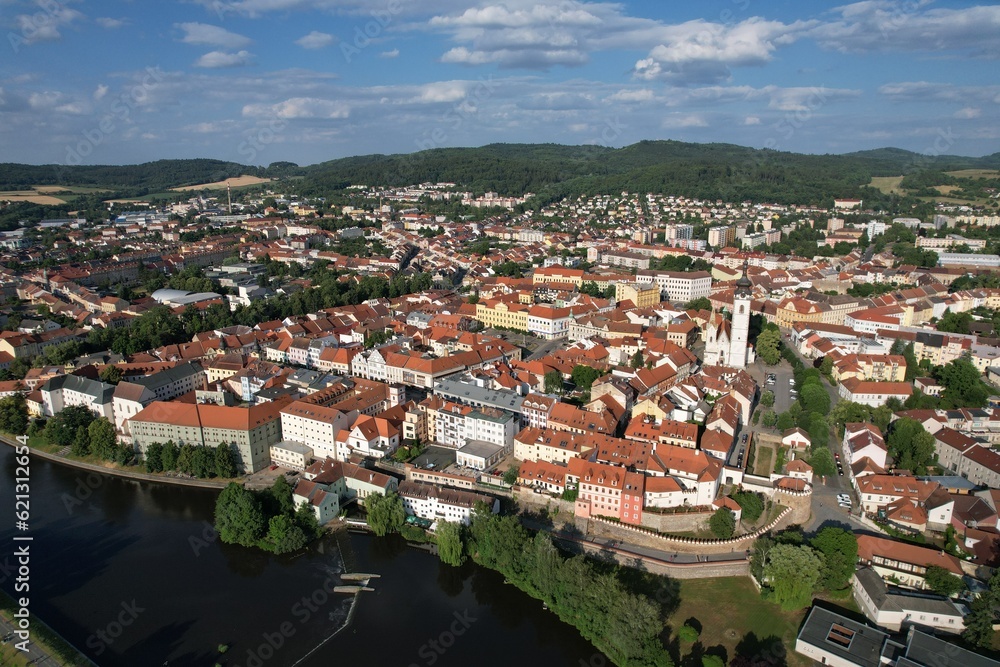 Pisek town cityscape,historical city center aerial panorama landscape view,cityscape of Písek city in Czech republic,Europe