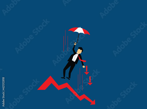 vector illustration of falling using an umbrella or falling market chart downwards
