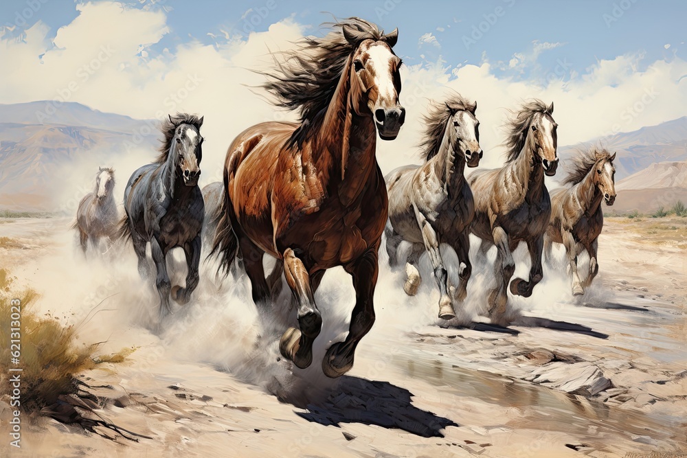Horses sprinting through the wild on a dirt road. (Illustration, Generative AI) Horses sprinting through the wild on a dirt road. (Illustration, Generative AI)