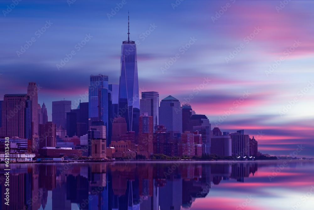 New York City Manhattan downtown skyline at dusk with skyscrapers over ...