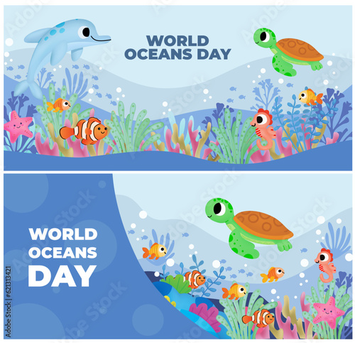 set banner world ocean day. cute fish, cute turtle