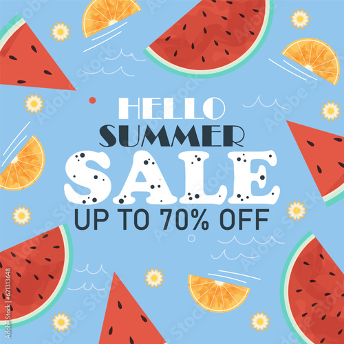 pattern with watermelon, hand drawn hello summer sale illustration