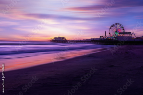 Abstract view of beach sunset, The Santa Monica Pier at sunset light, Los Angeles, California