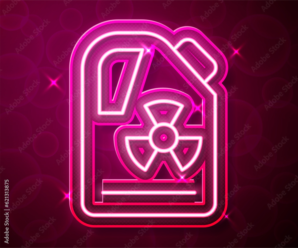 Glowing neon line Radioactive waste in barrel icon isolated on red background. Toxic refuse keg. Radioactive garbage emissions, environmental pollution. Vector Glowing neon line Radioactive waste in barrel icon isolated on red background. Toxic refuse keg. Radioactive garbage emissions, environmental pollution. Vector