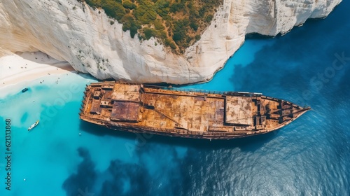Boat on the water - Aerial view of the Navagio beach with the famous wrecked ship in Zante, Greece, Generative AI