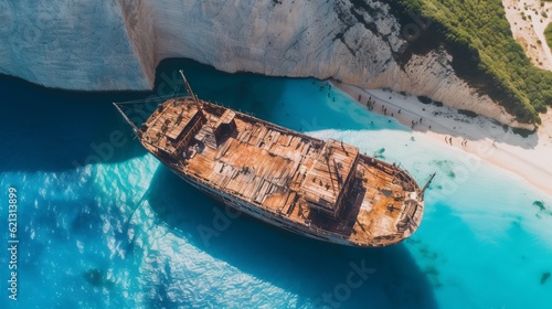 Fototapeta Naklejka Na Ścianę i Meble -  Aerial view of the Navagio beach with the famous wrecked ship in Zante, Greece, boat in the water, Generative AI