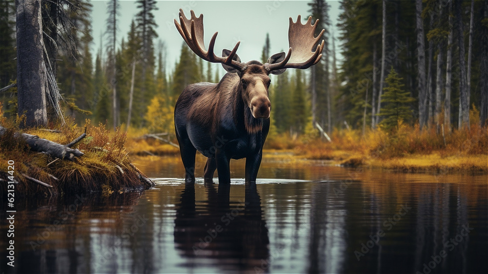 Illustration of a Large Male Moose in a National Park Illustration of a Large Male Moose in a National Park