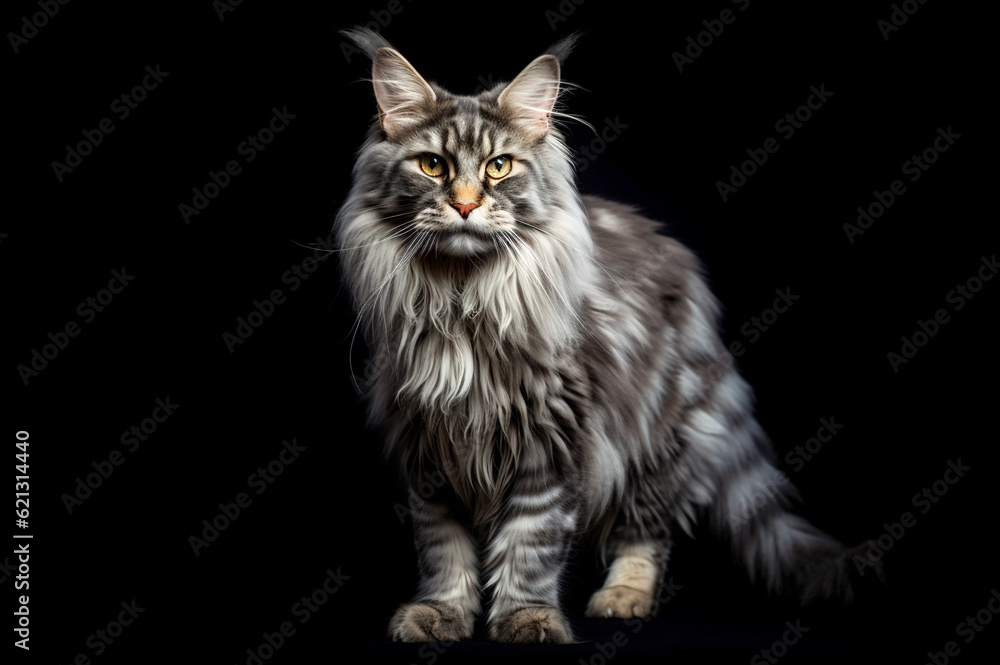 Adult striped Maine Coon cat isolated on black background.