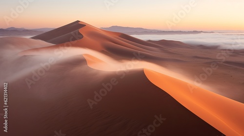 Drone shot of sand dunes covered in thick fog  sunrise at the Namib desert  in Namibia  Generative AI