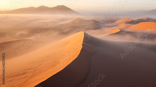 Drone shot of sand dunes covered in thick fog, sunrise at the Namib desert, in Namibia - sand dunes in the desert, Generative AI photo