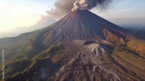 Drone video flying towards Volcan de Fuego (Volcano of Fire) in Guatemala with people on the ridge looking towards the volcano as it erupts, Generative AI 