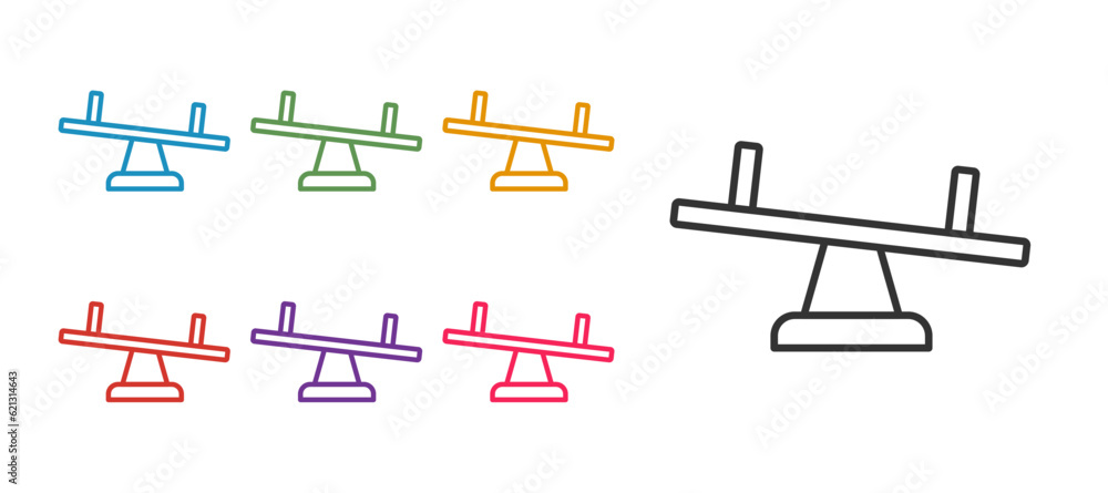 Set line Seesaw icon isolated on white background. Teeter equal board. Playground symbol. Set icons colorful. Vector