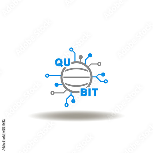 Vector illustration of qubit and circle with circuit pattern. Icon of quantum computing. Symbol of qu bit computing technology.