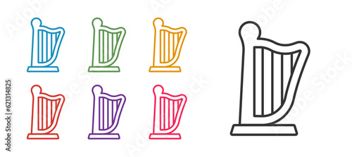 Set line Harp icon isolated on white background. Classical music instrument  orhestra string acoustic element. Set icons colorful. Vector
