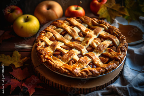 Apple pie rests gracefully on a rustic wooden table, tempting with its mouthwatering aroma and golden crust.